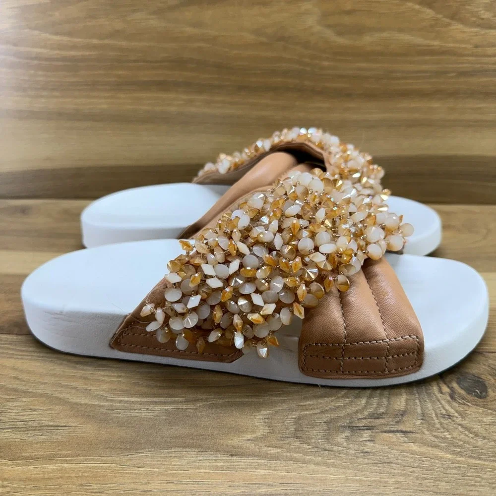 Tory Burch Logan Slide Sandals 9 M Tan Embellished Cross Strap Resort Vacation